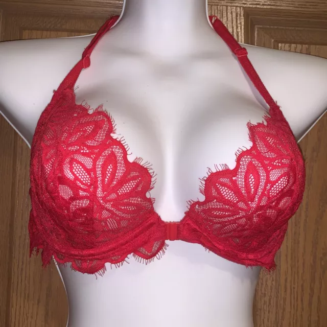 Victoria's Secret PINK Bra Red Date Racerback 36C Lace Front Snap Underwired EC!