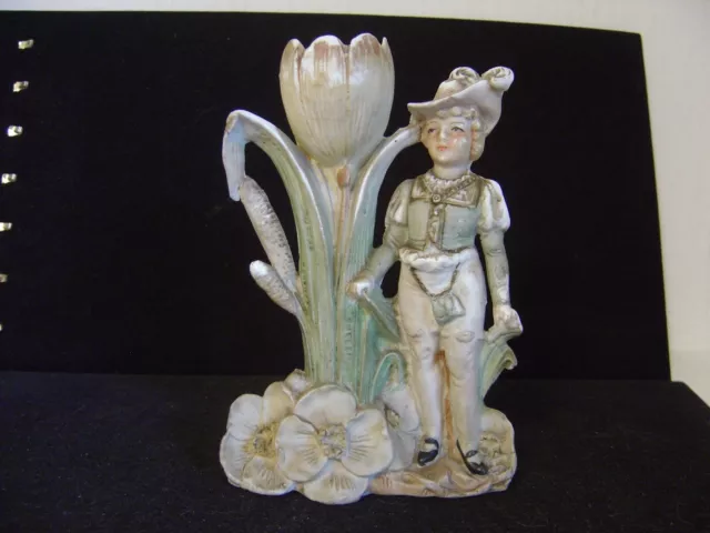 Vintage Germany Porcelain Figurine Boy Standing Next To Big Tulip Flower Signed