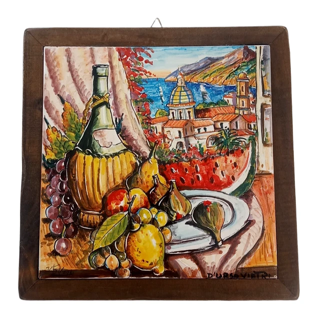 Vintage D'Ursovietri Terra Cotta Tile Trivet Wood Frame Italy Limited Signed