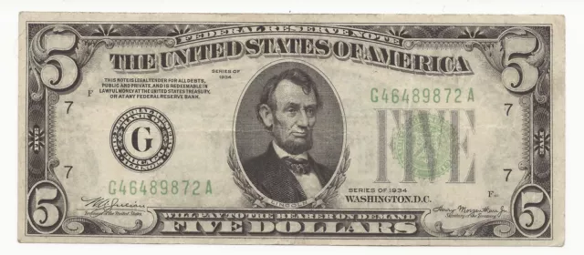 1934 $5 Dollar Bill Federal Reserve Note FRN Chicago 872A