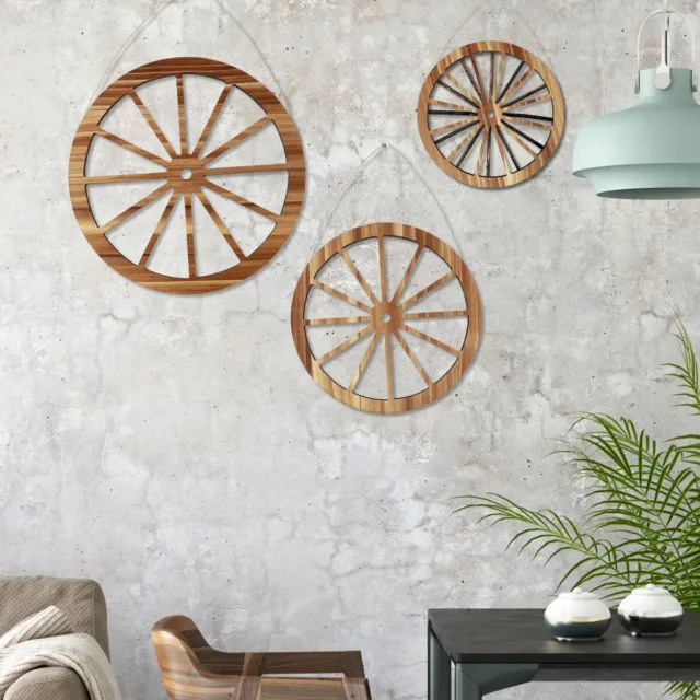3 pcs Wooden Wagon Wheel Wall Decor with Triangular Hook Rustic Farmhouse Wagon