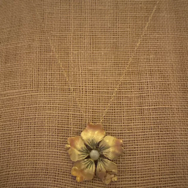 ANTIQUE ART NOUVEAU 14K Yellow Gold  IRIDESCENT ENAMEL Pearl FLOWER Necklace