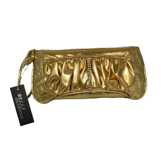 Small Handbag Clutch Purse Gold with Rhinestone Accent Converts to Shoulder bag