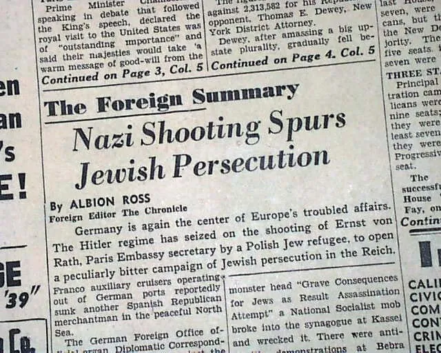 KRISTALLNACHT Night of Broken Glass JEWS Jewish Pogrom HOLOCAUST 1938 Newspaper