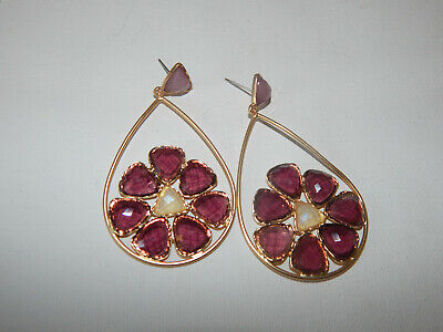 Earrings Purple Teardrop Anthropologie Mosaic Glass Floral Gold Fill New Tag