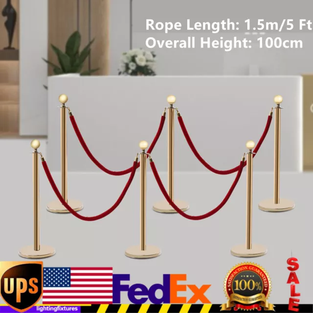 6 Pcs Red Velvet Rope +Gold Stanchion Post Set Crowd Control Queue Pole Barrier