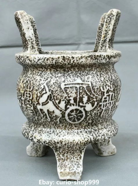 8.2" Antique Old Jade Carving People Man Horse Pull Cart Incense Burner Censer