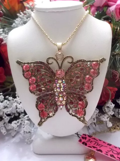 Betsey Johnson Large Pink Crystal & Rhinestone Inlay Butterfly Pendant Necklace