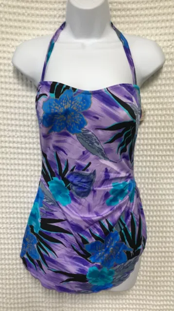 Sirena sz 16 Purple Floral One Piece Vintage Swimsuit Skirted Halter/Strapless