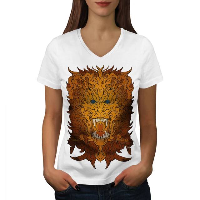 Maglietta Wellcoda Japan Dragon Art da donna scollo a V, Legend Graphic Design