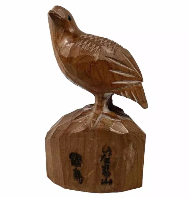 Quail Figurine Wood Hand Carved Fine Details Standing Signed Small Decorative 3”
