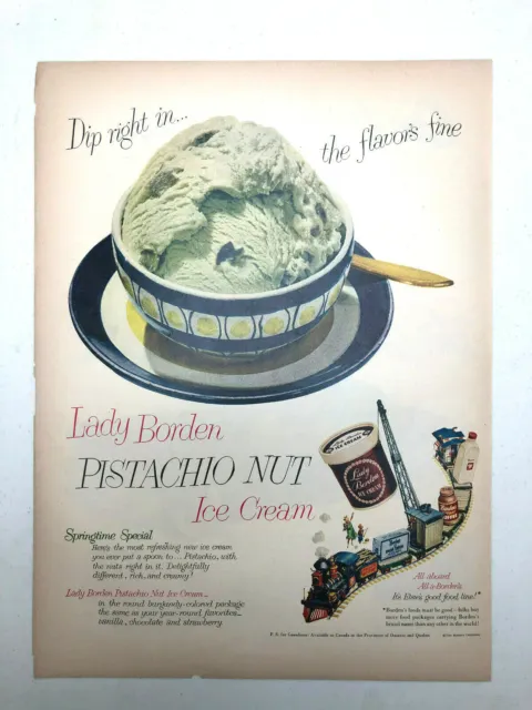 1952 Vintage Lady Borden Pistachio Nut Ice Cream Print Ad with Bowl and Train