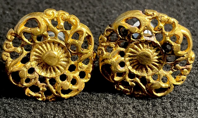 2 Antique Style  Solid Brass  ROUND KNOBS Ornate FLORAL 1.5” dia.