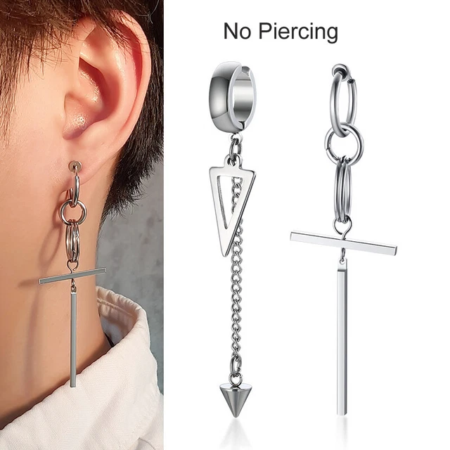 2pcs Stainless Steel Feather Dangle Hoop Earrings – Punk Style, Hinged Closure, Unbranded