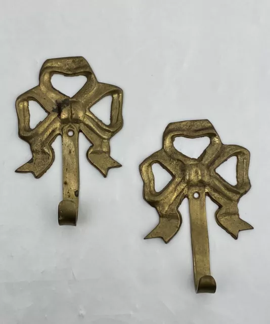 Vintage Brass Bow Ribbon Hook Decorative Wall Hanger Coat Key Rack Set of 2