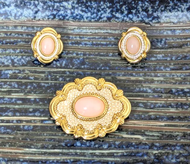 Vintage Avon Victorian Spring Brooch Earrings Set Gold Tone Coral Tone