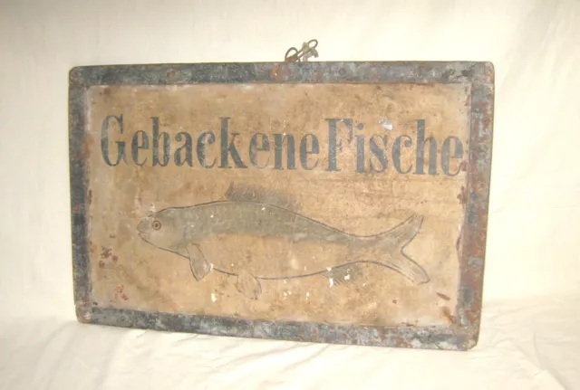 Uraltes WERBESCHILD *GEBACKENE FISCHE*, UNIKAT,handbemalt,Metallrahmen, EINMALIG