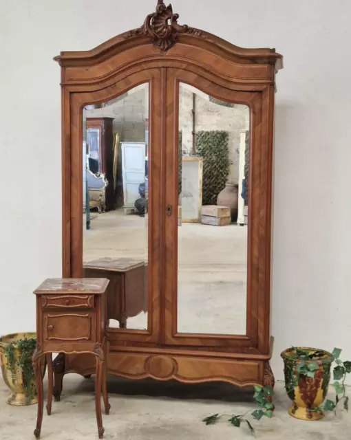 Antique French Wardrobe Rococo Double Door Armoire and Nightstand