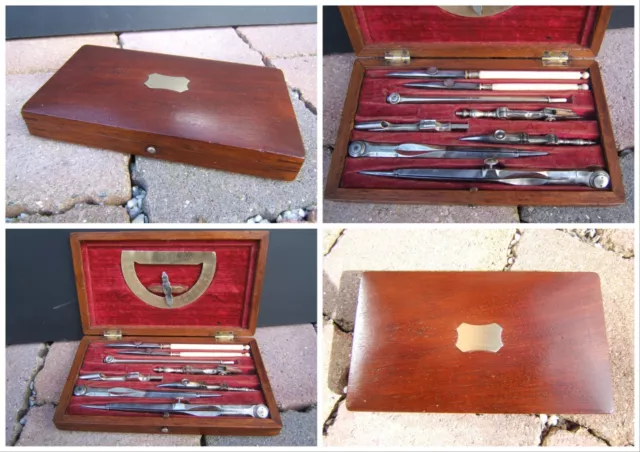 19C Antique Solid Mahogany Inlaid Technical Drawing Box - Wonderful Interior