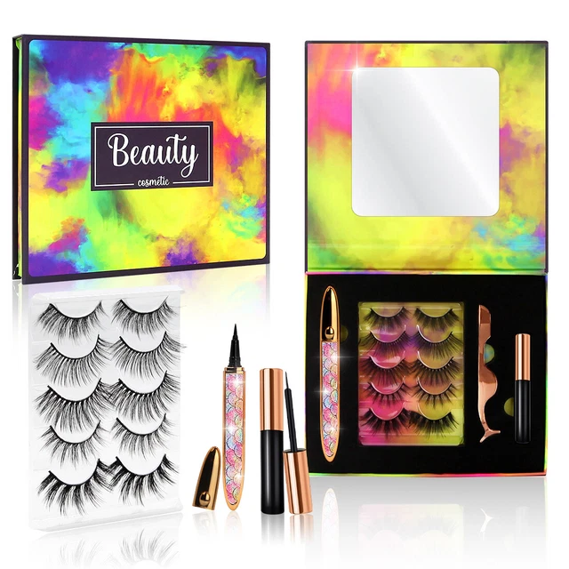 5 Pairs Eyelashes Long Lashes & Waterproof Eyeliner +Tweezer Kit 4 In 1 Set NEW