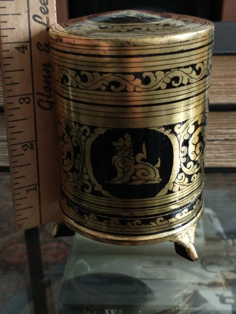 Antique Burmese Black & Gold Lacquer Betel Nut Cigarette Box Vtg Myanmar Shwezar 3