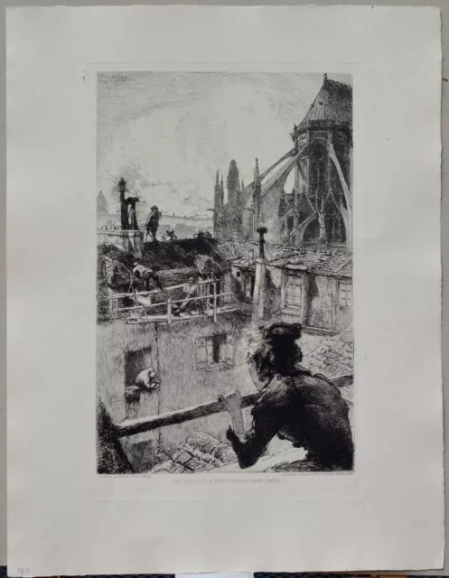 Auguste Lepere (1849-1918) Sur Les Toits Pres Notre-Dame, Paris.   Radierung