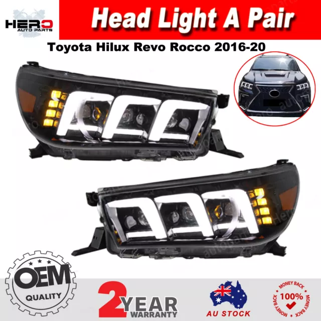 Pair Full LED DRL Sequential Head Light Lamp For Toyota Hilux Revo Rocco 2016-20