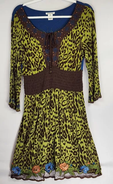 Krista Lee Dress Womens Size Medium Leopard Print Keyhole Neck Midi 3/4 Sleeve
