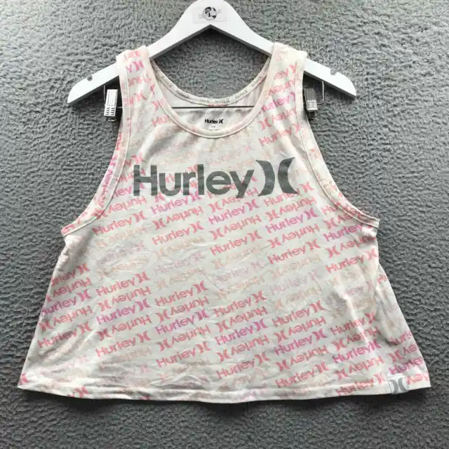 Hurley Tank Top Women's Large L Round Neck All Over Print Logo White Pink