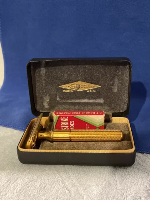 Vintage 1940's Gillette Fat Handle Double Edge Safety Razor Gold Color w/Case