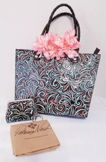 PATRICIA NASH Zancona TOOLED TURQUOISE LEATHER TOTE SHOULDER BAG W/ COIN PURSE