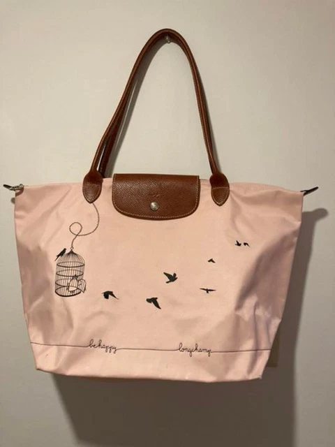 Longchamp Le Pliage Oiseaux Tote Bag Pale Pink Nylon Leather Cage Heart Hand Bag