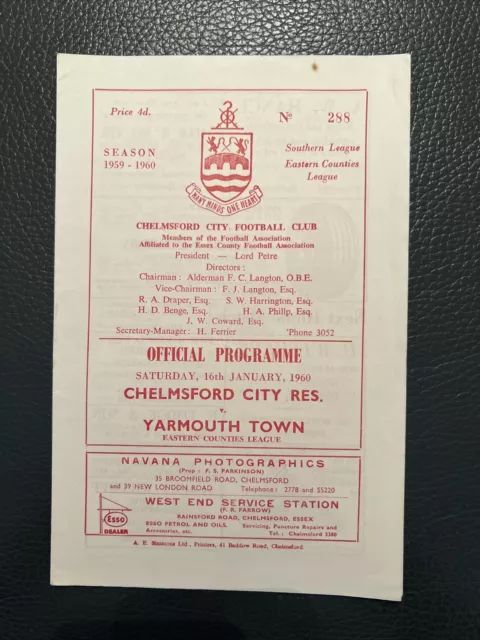 16.1.1960. Chelmsford City Reserves v Yarmouth Town (Eastern Counties League).