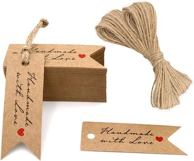 Bianco Corda di Iuta da 20M Etichetta Vuote per Bomboniere Fai-da-te jijAcraft Etichette in Carta Kraft Tag Regalo con Cuore 10x5 cm 100 PCS Targhette Cartoncino 