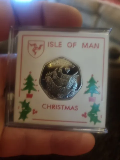 2007. Isle of Man Christmas 50p coin, Three French Hens D/F no Die,