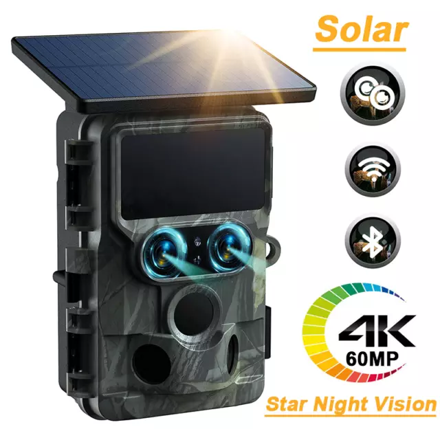 4K 60MP WiFi Wildlife Trail Camera Solar Starlight Night Vision No-glow 365days