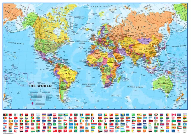 MAPS INTERNATIONAL *THE WORLD* Political/Physical Map w/Flags Laminated ...