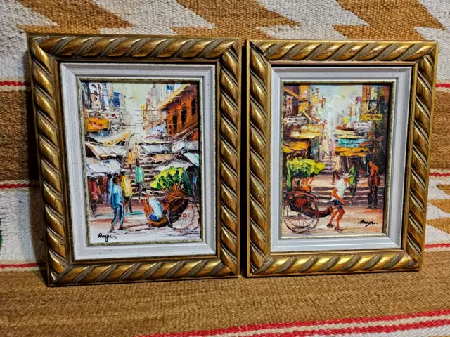 🔴⚪🔵 Pair Mid Century MCM Asian Cityscape Oil on Canvas Impasto Painting 1960s