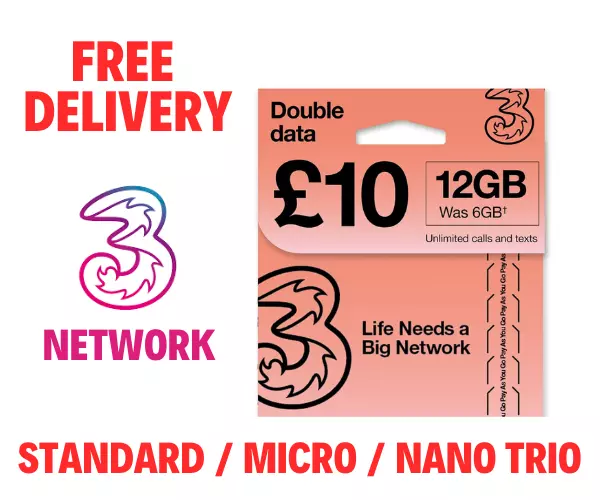 Three SIM Card PAYG Nano/Micro/Standard TRIO SIMCARD UK Pay As You Go UK SimCard