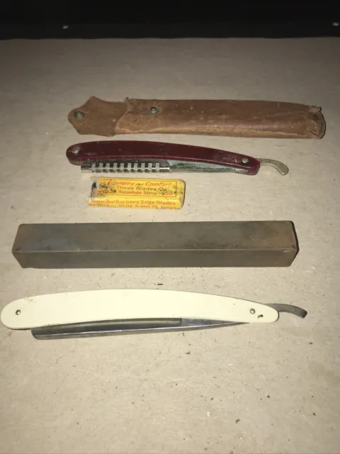 Lot Of Two Vintage Antique Straight Razors And Sharping Stone