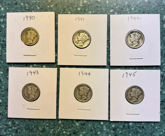 1940, 1941, 1942, 1943, 1944, and 1945  Mercury Dimes  AU++ ~ 90% Silver B 103