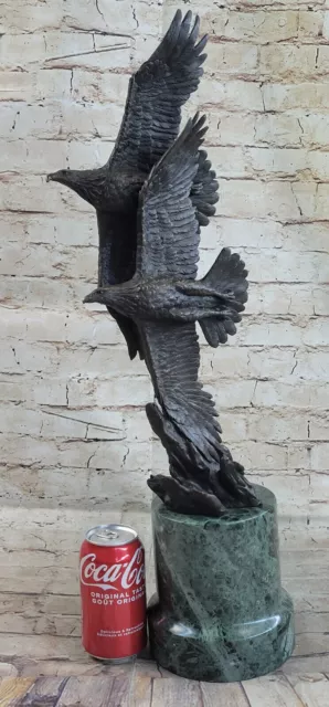 Très Grand Original Deux Flying Aigle Bronze Sculpture Statue Marbre Art 2