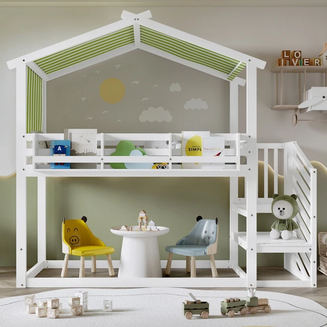 BUNK BED HOUSE Cabin Bed 3FT Single Wooden Mid Sleeper Kids Unit With ...