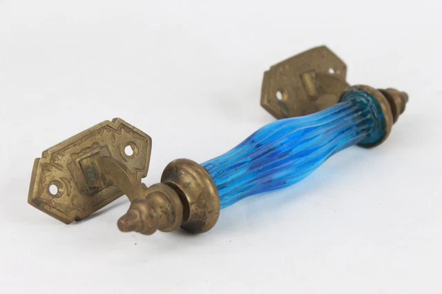 Antique Glass Door Handle Old Thick Victorian Blue Glass Brass Rare Handle