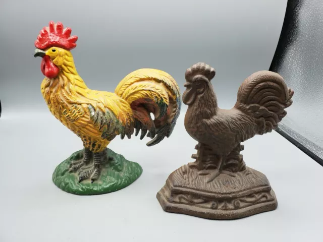 Lot of 2 - Otagiri Ensco Painted Cast Iron Roosters Door Stop Figurines Bookends