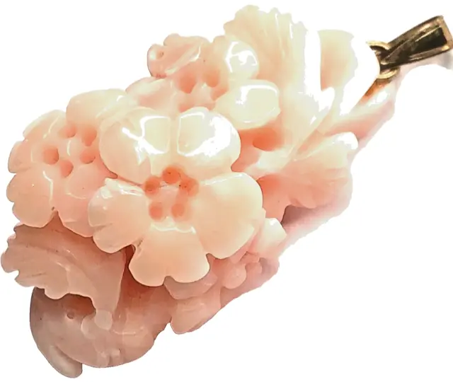Carved Pink Angel Skin Coral Floral Pendant Size 31mmx16mm Vintage Bead