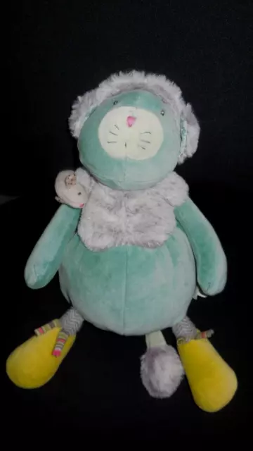 doudou peluche chat Chacha miaou vert gris + souris Les Pachats MOULIN ROTY 32cm