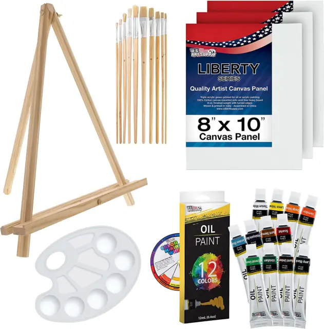 US Art Supply 13 Piece Oil Painting Set With Mini Table Easel Wood