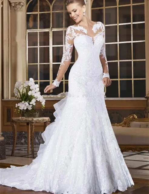 Wedding Dresses Long Sleeve Tulle A Line Bridal Gown Illusion Neck