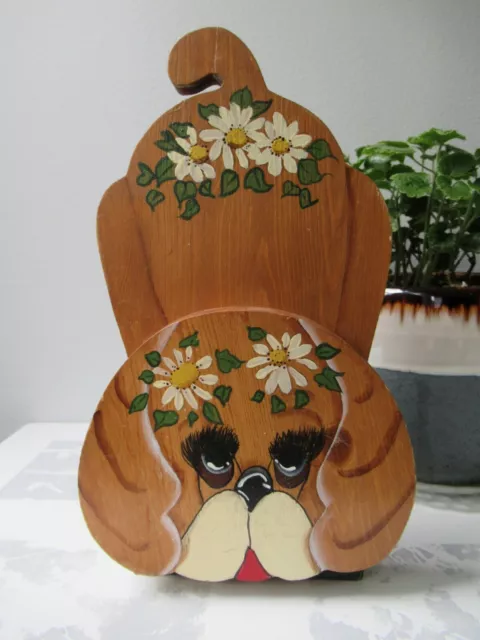 Wooden Handmade Folk Art Paper Towel Holder Pretty Puppy Dog 1980s Late Century